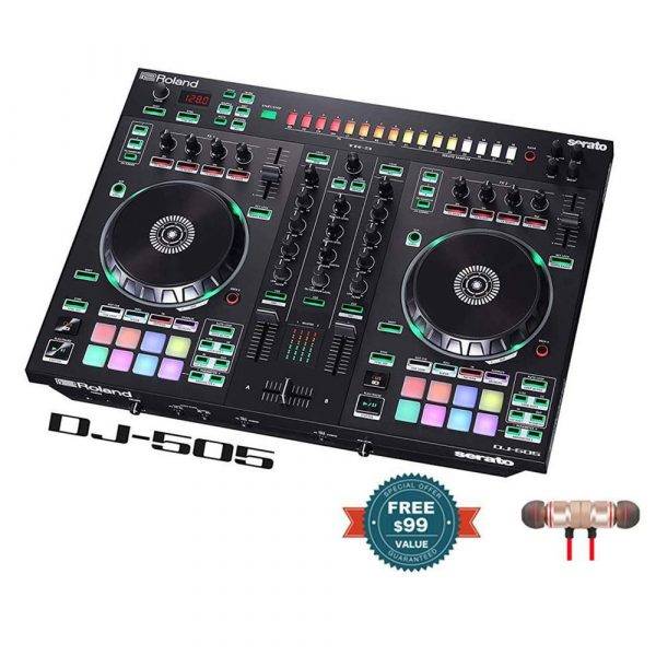 Roland DJ-505 2-ch, 4-deck Serato DJ Controller with Wireless Earbuds